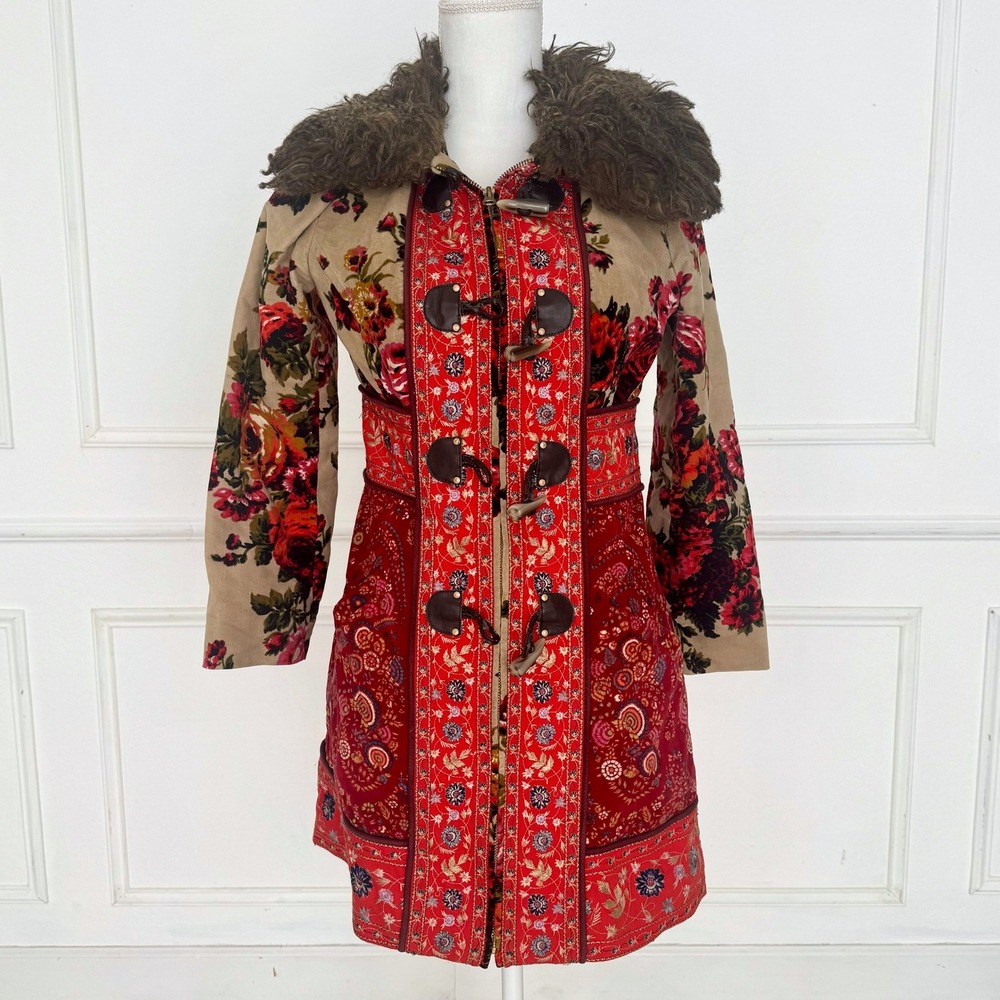 Anthropologie Elevenses Karelia Tapestry Coat Floral Faux Fur Collar Red Tan 4